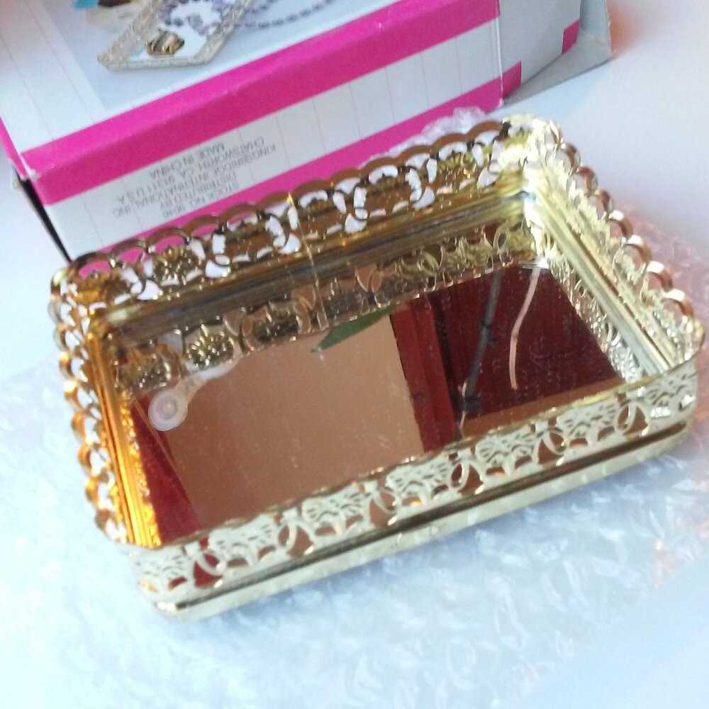 Gold Vanity Tray New Bottom Is A Mirror New In Box 4 1/4" Long 3" Wide 1" Tall